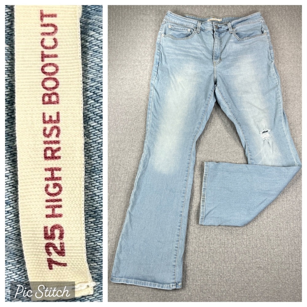 Levi's 725 High Rise Bootcut Jeans Womens 33(32X32) Light wash Blue Distressed
